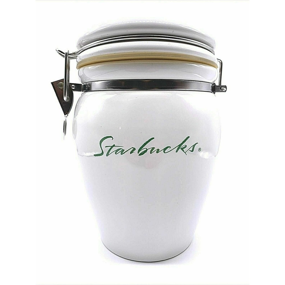 NEW Starbucks Coffee Co White Green Script Logo Large Canister Coffee Cookie Jar